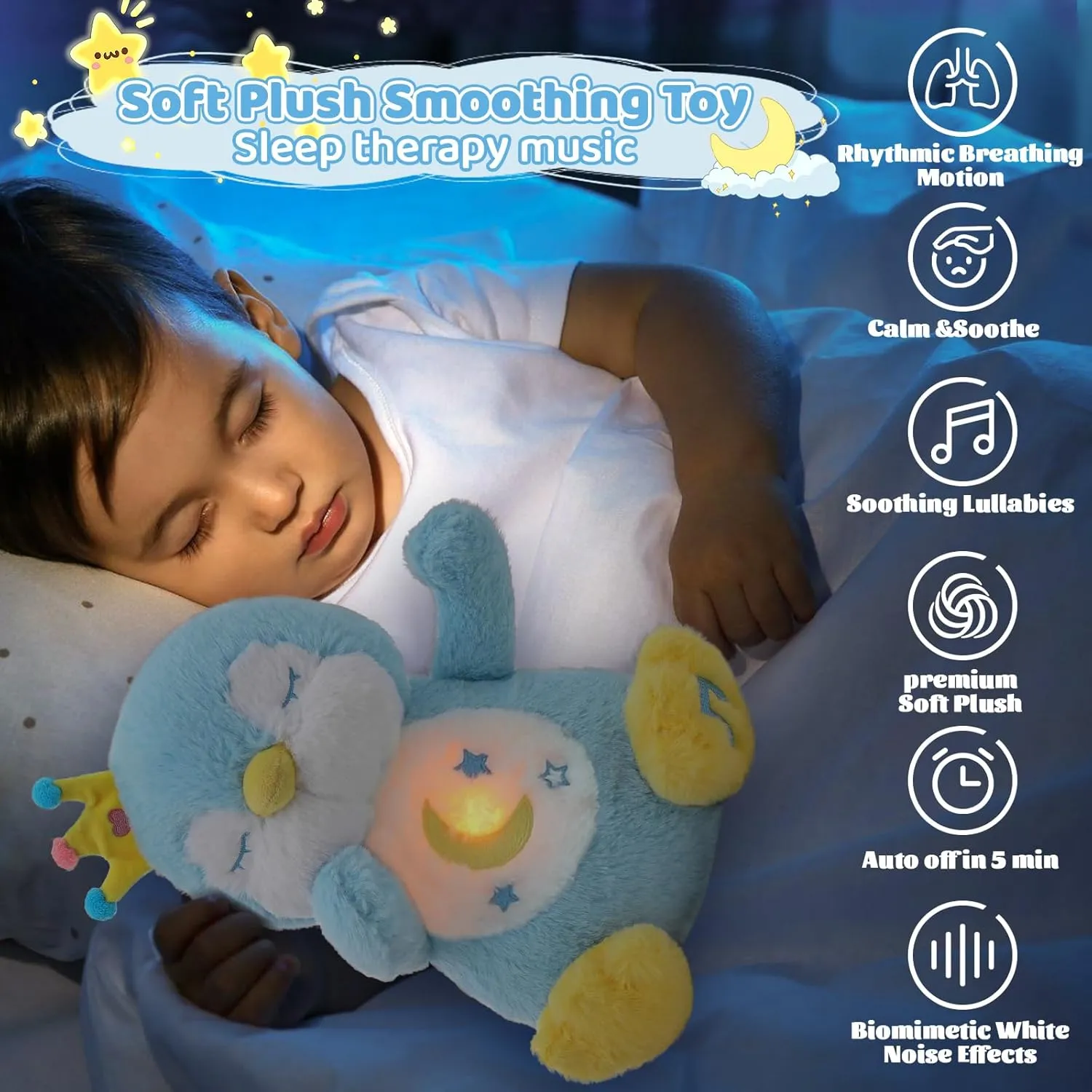Emoin Penguin Stuffed Animal, Soothing Breathing Penguin Plush Sleep Buddy Soothe Snuggle Baby Toy with Realistic Breathing Motion and Lights Music for Adults and Kids-Blue