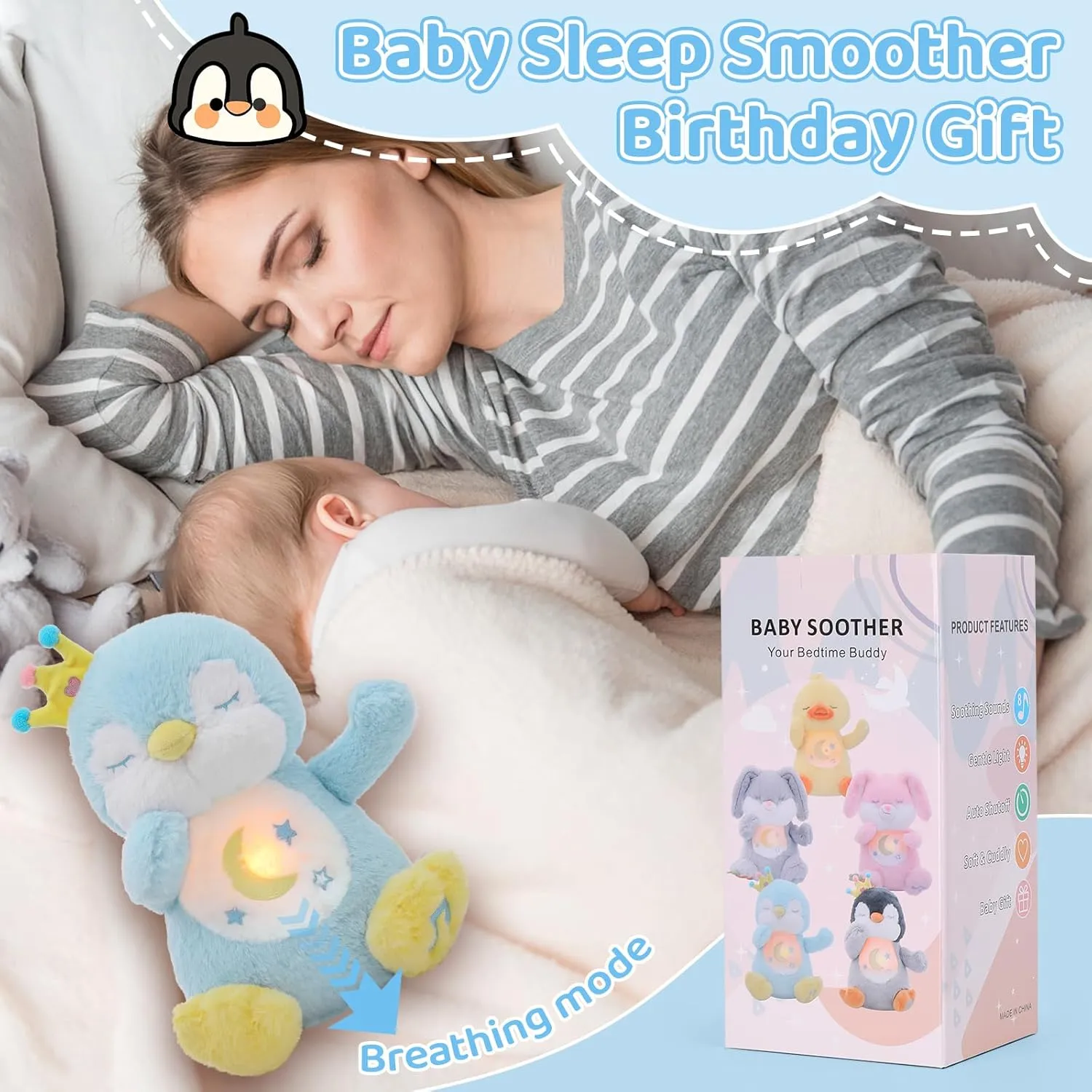 Emoin Penguin Stuffed Animal, Soothing Breathing Penguin Plush Sleep Buddy Soothe Snuggle Baby Toy with Realistic Breathing Motion and Lights Music for Adults and Kids-Blue