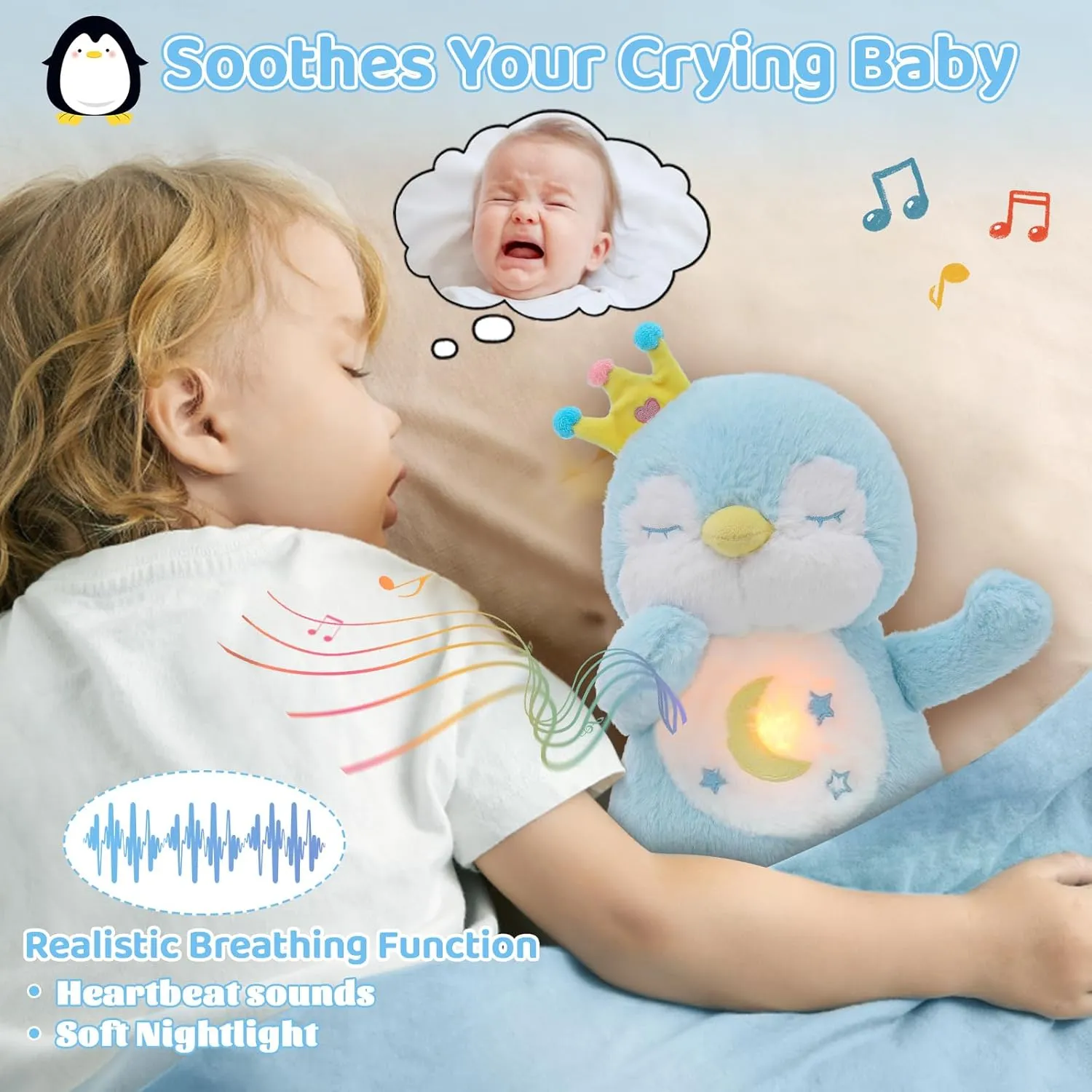 Emoin Penguin Stuffed Animal, Soothing Breathing Penguin Plush Sleep Buddy Soothe Snuggle Baby Toy with Realistic Breathing Motion and Lights Music for Adults and Kids-Blue