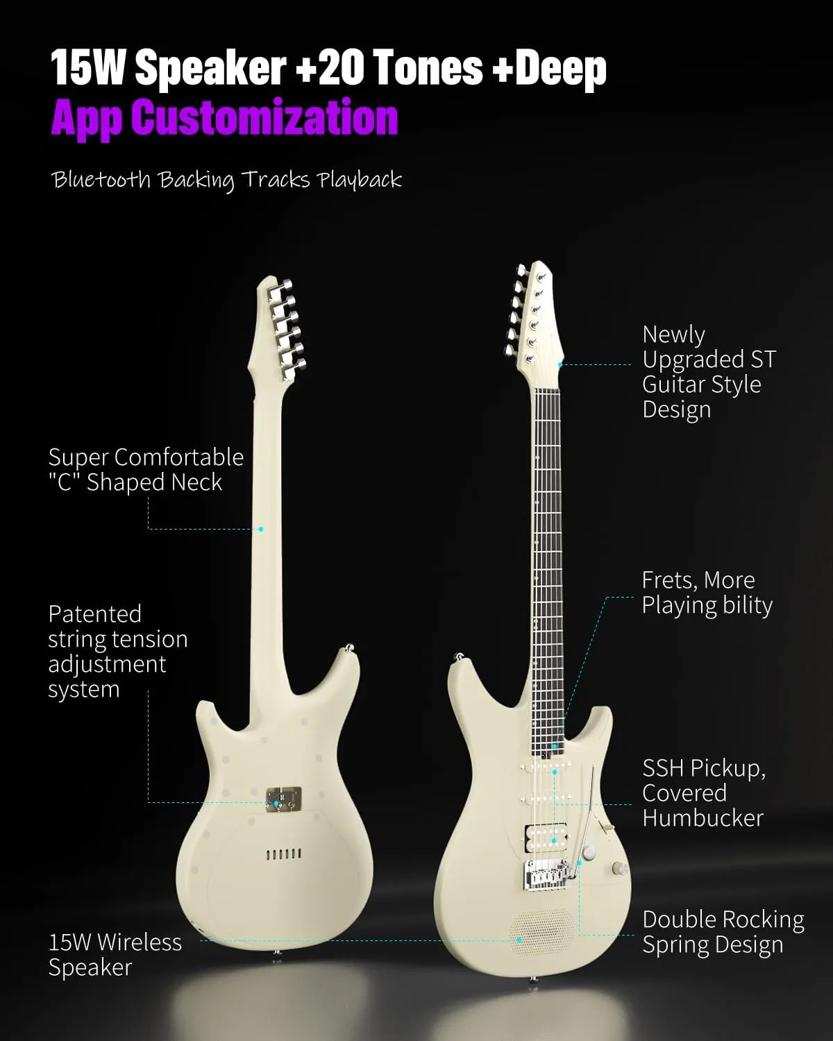 Enya Electric Guitar Inspire 39" Smart Electric Carbon Fiber Guitarra with 15W Wireless Speaker, 20 Distinct Tones, Onboard Presets, Charging Cable, Adjusting Wrench, and Gig Bag