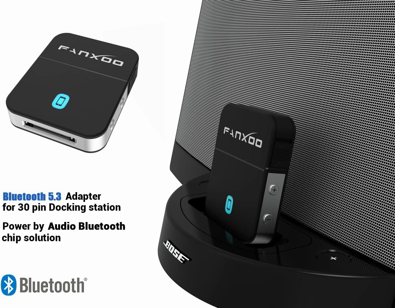 Fanxoo DockPro 30 pin Bluetooth 5.3 Adapter for Bose Sounddock 30 pin to Lightning Bluetooth Adapter Compatible for iPhone iPod Docking Station