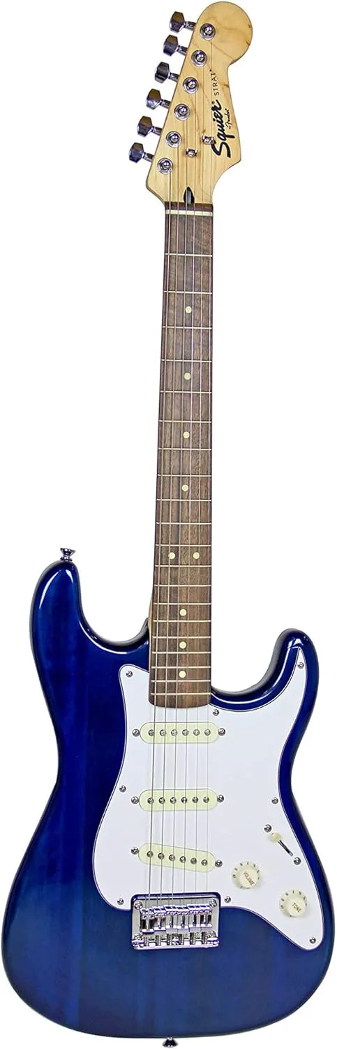 Fender Squier 24-Inch Short Scale Strat Pack - Transparent Blue Bundle with Frontman 10G Amplifier, Instrument Cable, Strap, Picks, Online Lessons, and Austin Bazaar Instructional DVD
