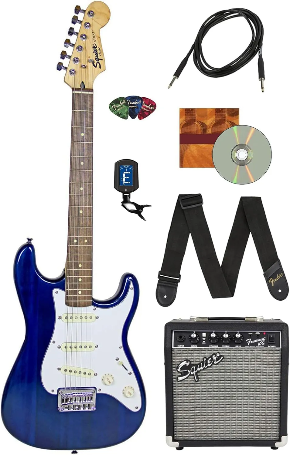 Fender Squier 24-Inch Short Scale Strat Pack - Transparent Blue Bundle with Frontman 10G Amplifier, Instrument Cable, Strap, Picks, Online Lessons, and Austin Bazaar Instructional DVD