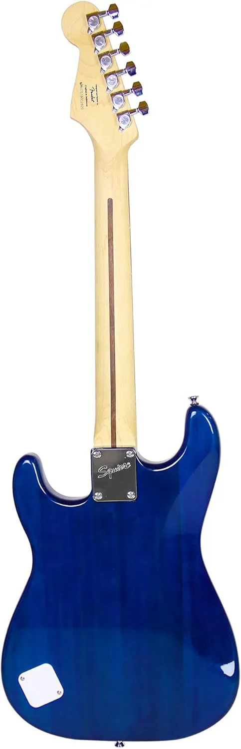 Fender Squier 24-Inch Short Scale Strat Pack - Transparent Blue Bundle with Frontman 10G Amplifier, Instrument Cable, Strap, Picks, Online Lessons, and Austin Bazaar Instructional DVD