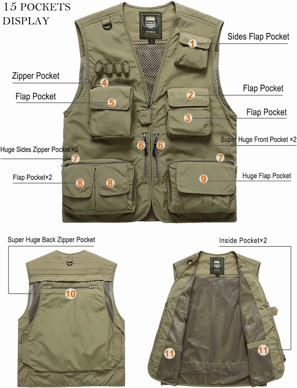 FEOYA Men Fishing Vest Multi Pockets Zipper Lightweight Plus Vest for Photography Climbing Hiking