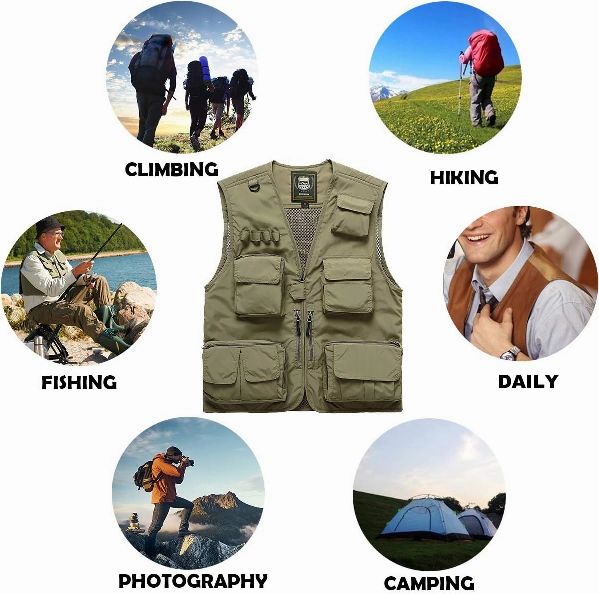 FEOYA Men Fishing Vest Multi Pockets Zipper Lightweight Plus Vest for Photography Climbing Hiking