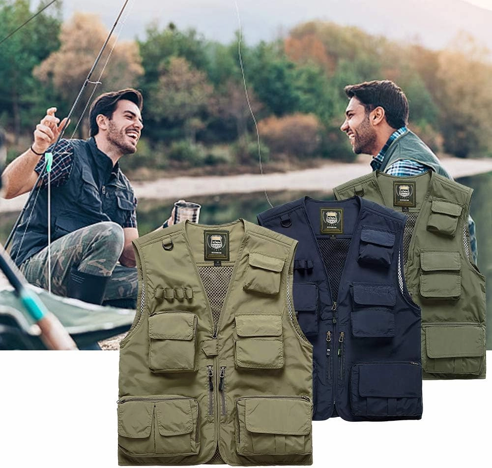 FEOYA Men Fishing Vest Multi Pockets Zipper Lightweight Plus Vest for Photography Climbing Hiking