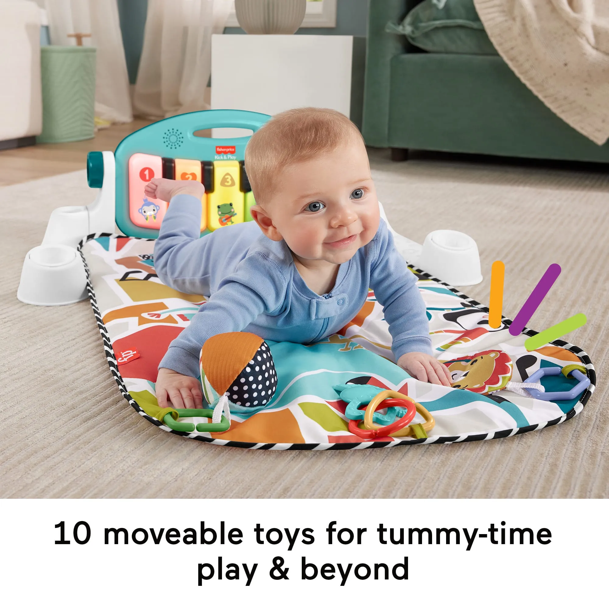Fisher-Price Glow And Grow Kick & Play Piano Gym Baby Playmat With Musical Learning Toy, Blue, Queens English Version