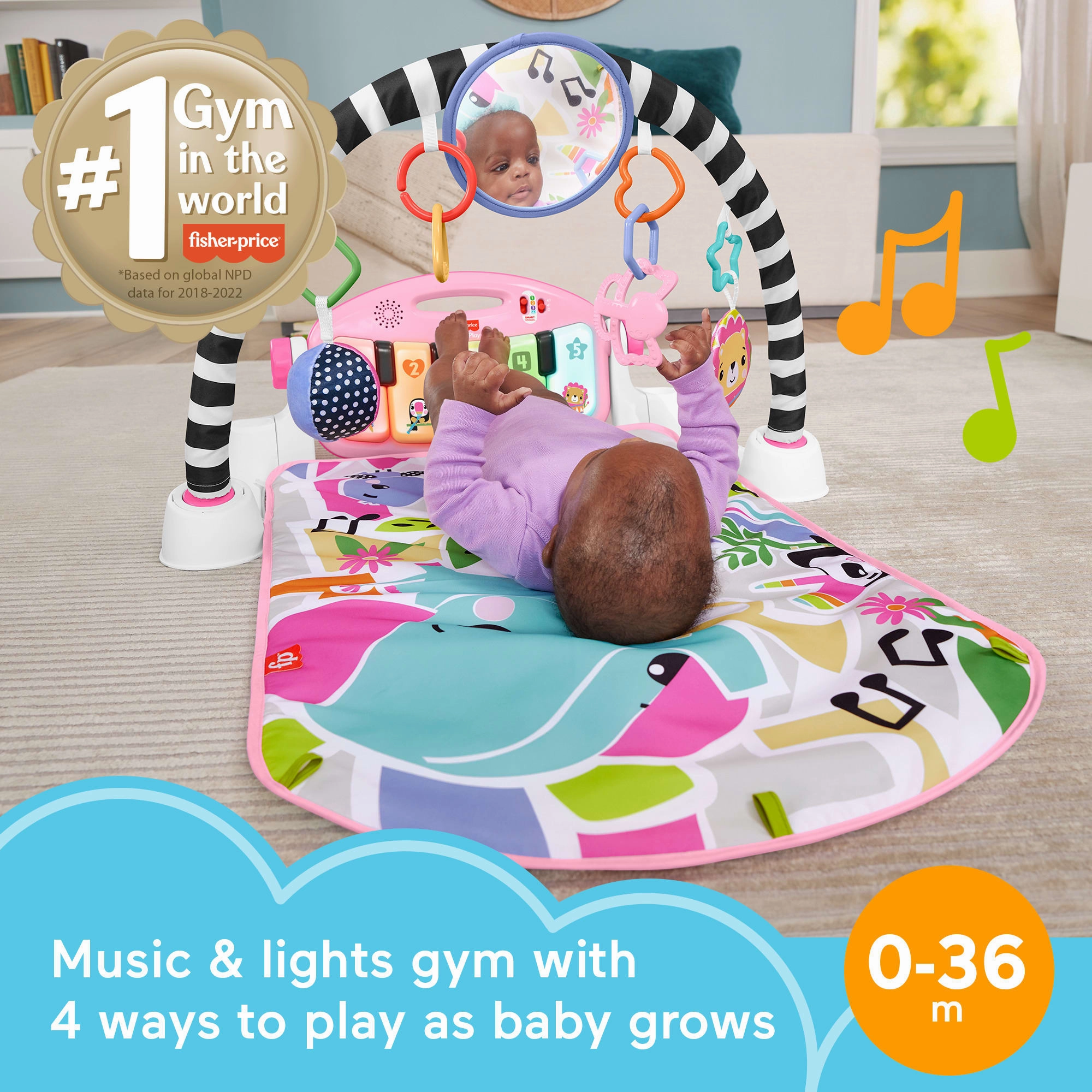 Fisher-Price Glow And Grow Kick & Play Piano Gym Baby Playmat With Musical Learning Toy, Pink, Queens English Version