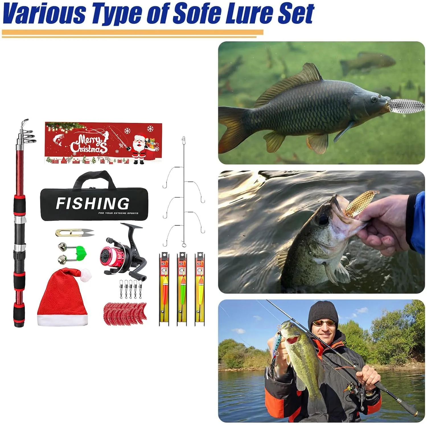 Fishing Gear Set, Travel Fishing Kit, Fishing Kits for Adults, Portable Fishing Tools, Lightweight Fishing Rod, Telescopic Fishing Rod, Reel Combo Set for Boys, Girls and Teens