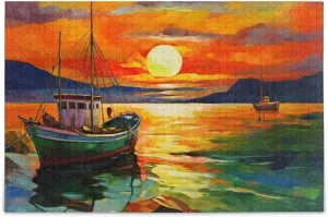 Fishing Painting Jigsaw Puzzles for Kids Adults 1000 Pieces, Fun Educational Games Toy Birthday Gift Art Home Decor Finish Size 29.5 x 20 Inches