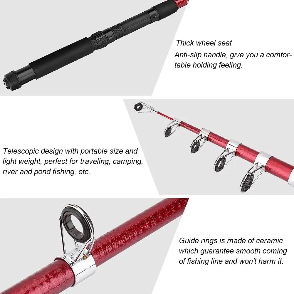 Fishing Rod, Telescopic Fishing Rod Reel Combo Lightweight Glass Fiber Pole with Ceramic Guide Rings for Traveling and Camping