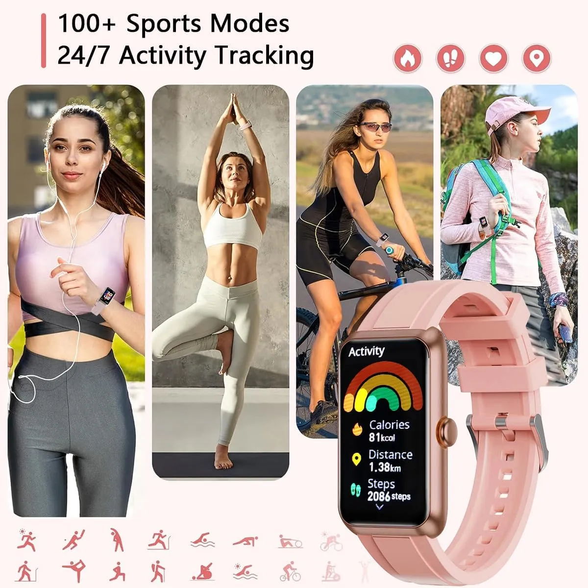Fitness Tracker Watch for Women Men, Smart Watch with 24/7 Heart Rate Monitor Sleep Tracker Calls and Messages, IP68 Waterproof 1.47" IPS Screen Activity Trackers with Step Tracker, Pedometer (Pink)