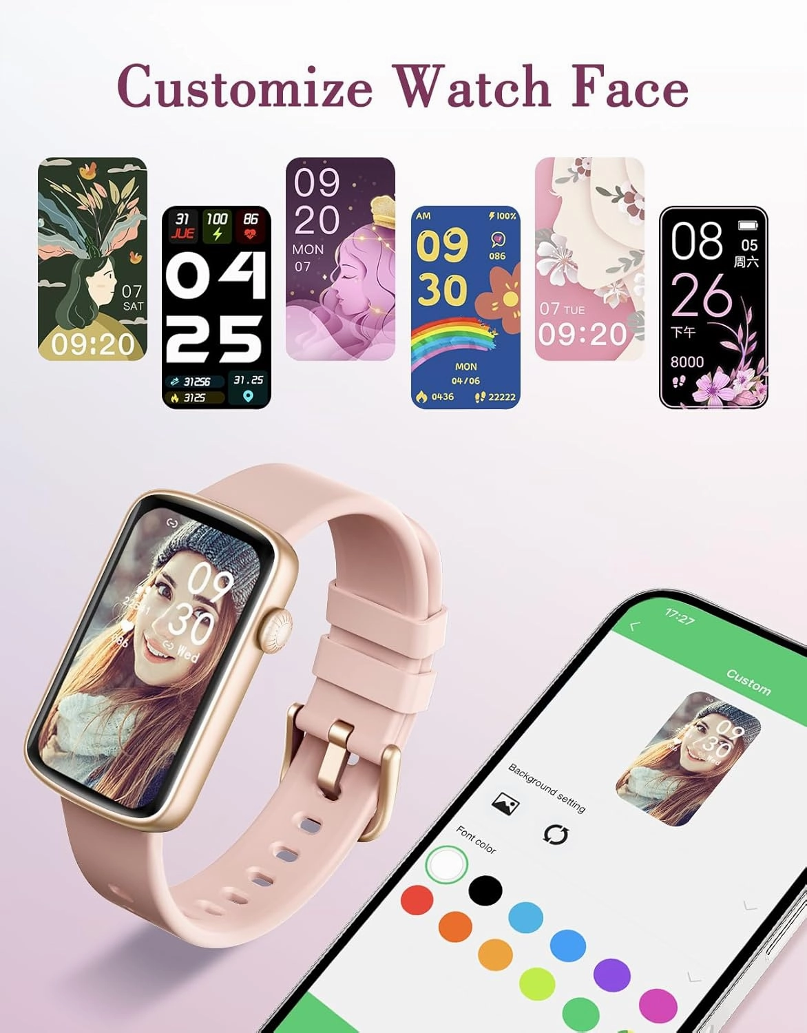 Fitness Watches for Women, LYNN2 Fitness Tracker with Heart Rate Monitor Blood Oxygen/Sleep Tracker Pedometer, Slim Step Tracker Watch for iOS/Android Phones Waterproof (Pink)