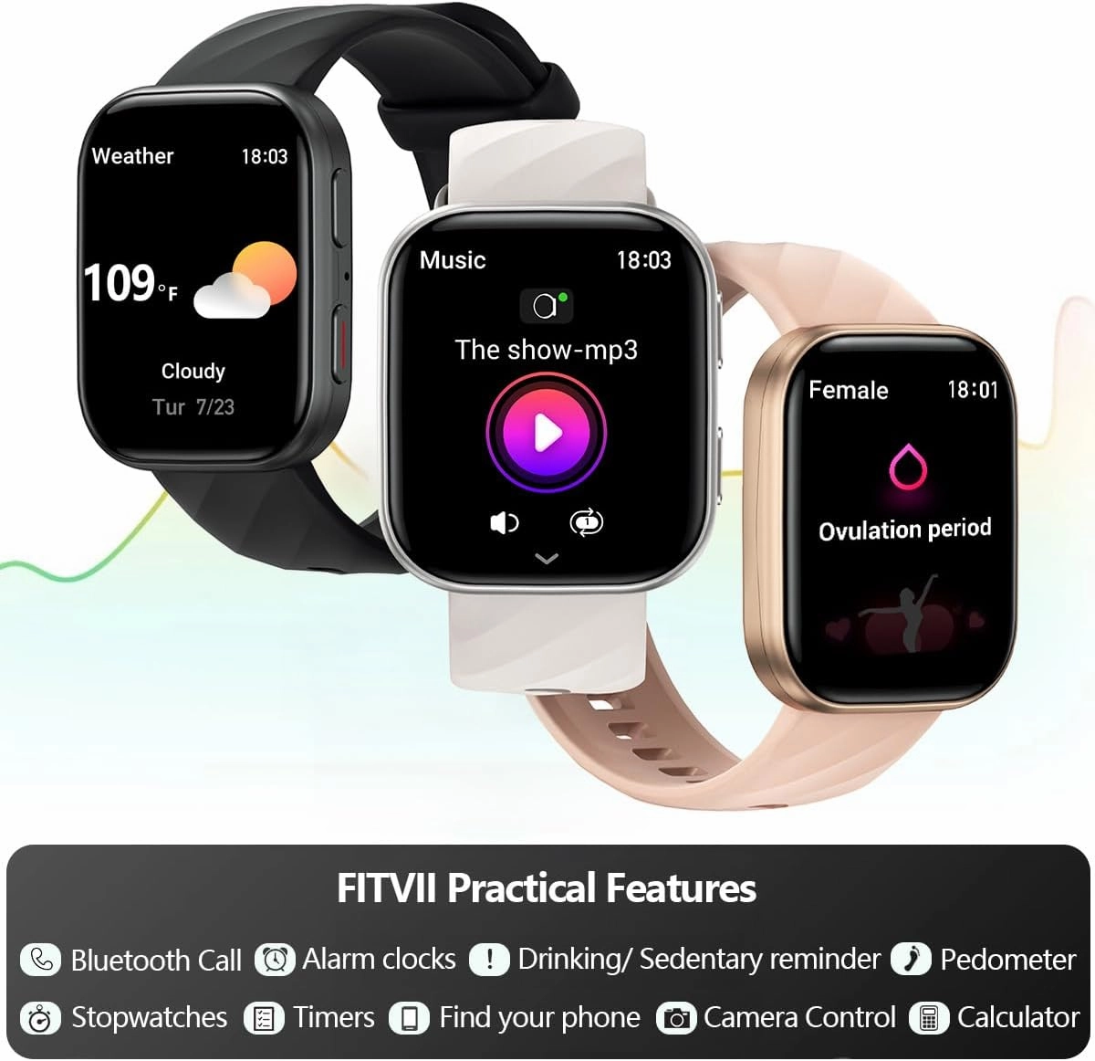 FITVII Health & Fitness Tracker (Answer/Make Calls), Smart Watch with 24/7 Heart Rate and Blood Pressure, Sleep Tracking, Blood Oxygen Monitor, 120  Sport Mode Activity Tracker for Women Men