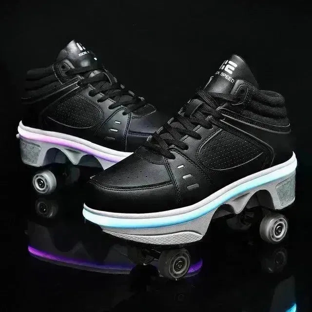 Flash LED Kick Speed Four-Wheel 2 in 1 Deformation Roller Skate Shoes