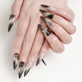 FORBELOVED NAILS,Black And White Swirl Line Handmade Press On Nails,Long Stiletto Stick On Nails,Crosses Decortions Charming False Nails For Women And Girls,10Pcs/Set With Glue,(Black-L),FOB