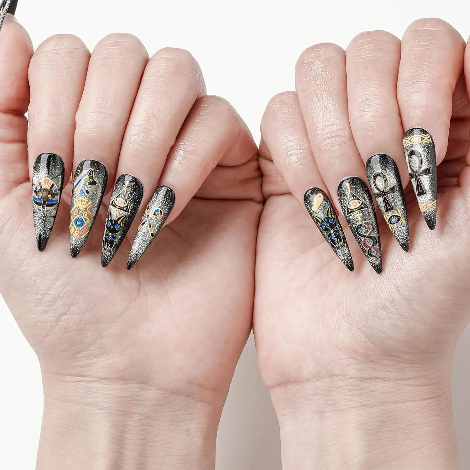 FORBELOVED NAILS.Glitter Cat Eyes Silvery Y2K Handmade Press On Nails,Long Stiletto Stick on Nails,Hand-Painted Gold Foil Bastet False Nails For Women And Girls,10Pcs/Set With Glue,(Silvery-L),FOB