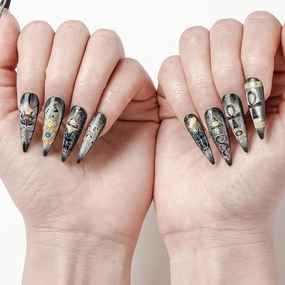 FORBELOVED NAILS.Glitter Cat Eyes Silvery Y2K Handmade Press On Nails,Long Stiletto Stick on Nails,Hand-Painted Gold Foil Bastet False Nails For Women And Girls,10Pcs/Set With Glue,(Silvery-L),FOB
