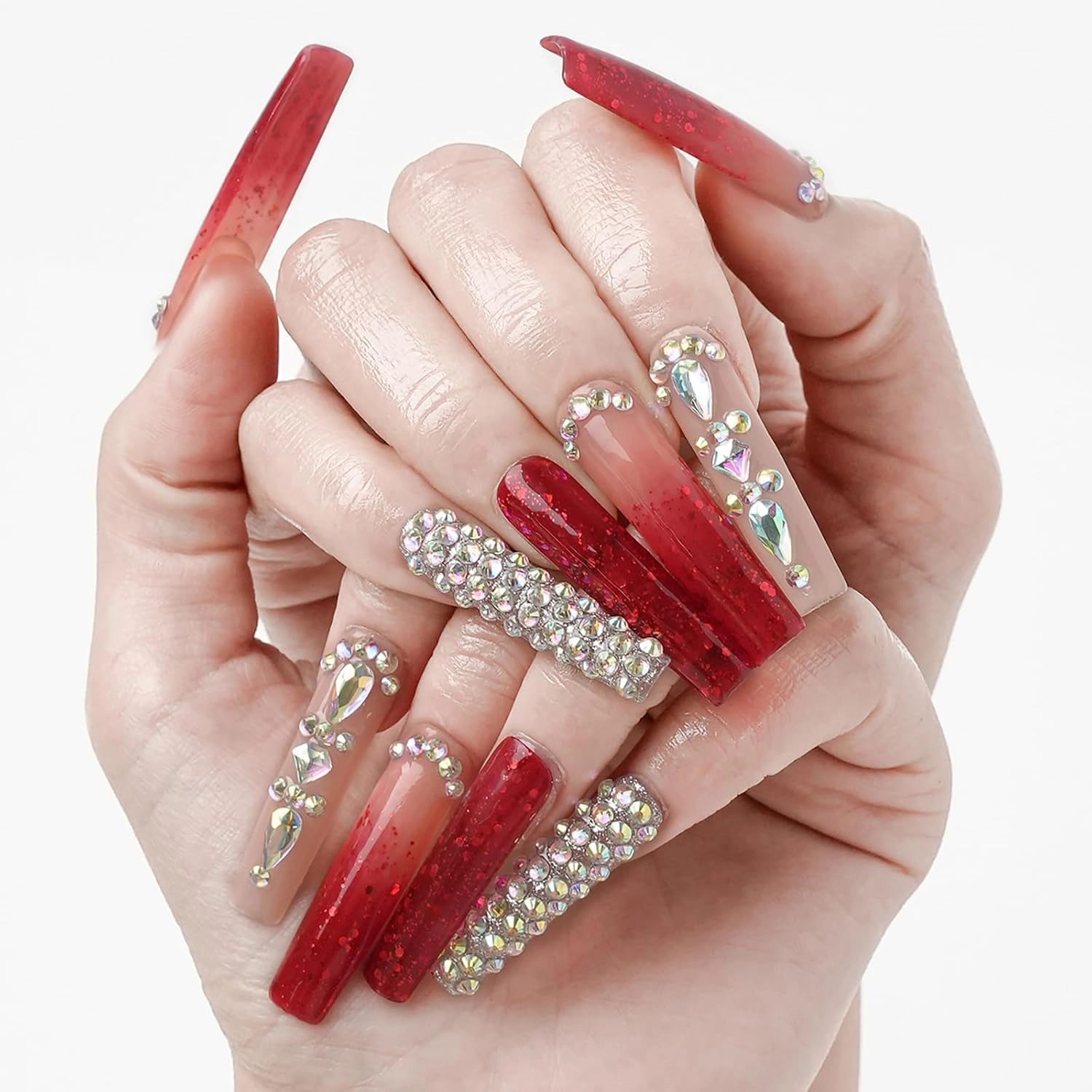 FORBELOVED NAILS,Luxury Ombre Red Glitter Gems Handmade Press On Nails,Long Square Glue On Nails,Glitter Full Covered Gems Charming False Nails For Women And Girls,10Pcs/Set With Glue,(Red-L),FOB