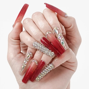 FORBELOVED NAILS,Luxury Ombre Red Glitter Gems Handmade Press On Nails,Long Square Glue On Nails,Glitter Full Covered Gems Charming False Nails For Women And Girls,10Pcs/Set With Glue,(Red-L),FOB