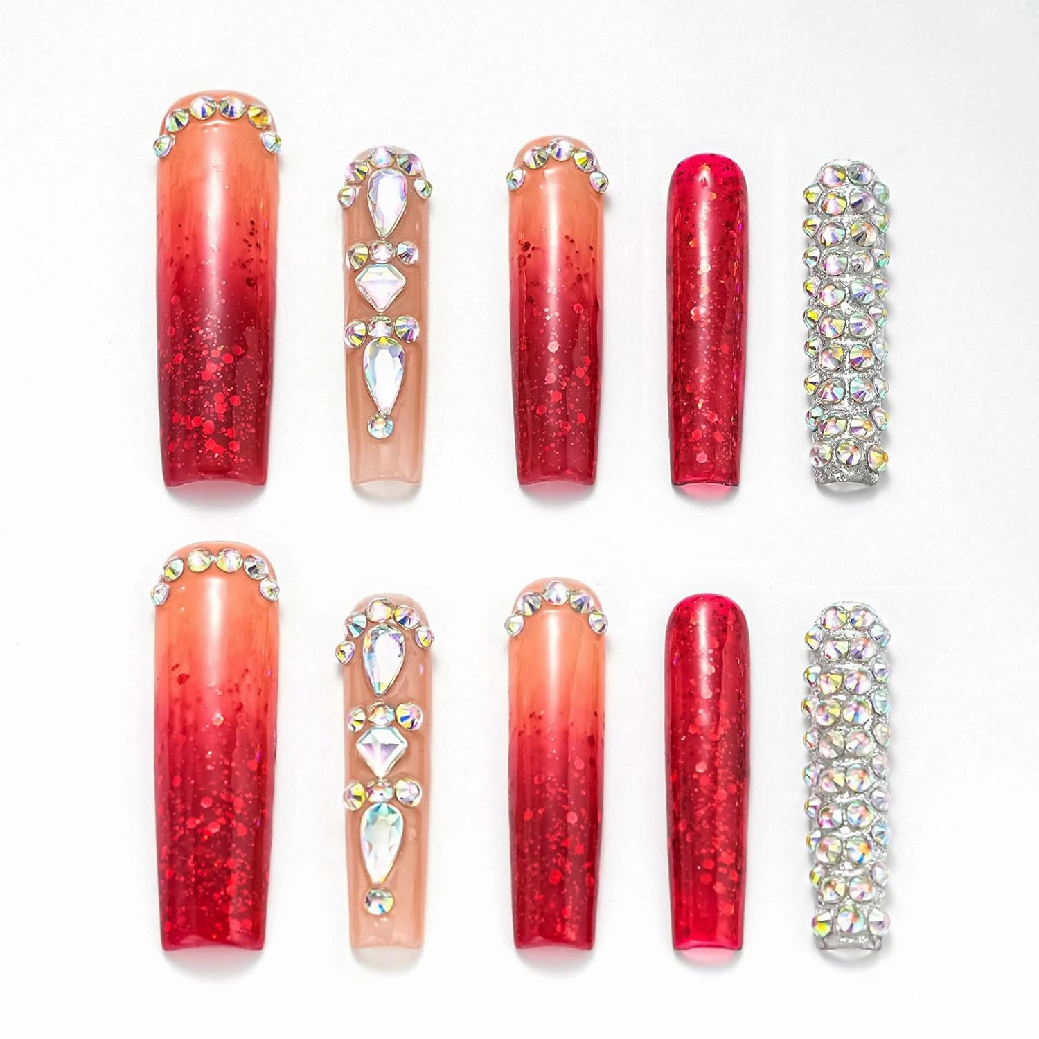 FORBELOVED NAILS,Luxury Ombre Red Glitter Gems Handmade Press On Nails,Long Square Glue On Nails,Glitter Full Covered Gems Charming False Nails For Women And Girls,10Pcs/Set With Glue,(Red-L),FOB