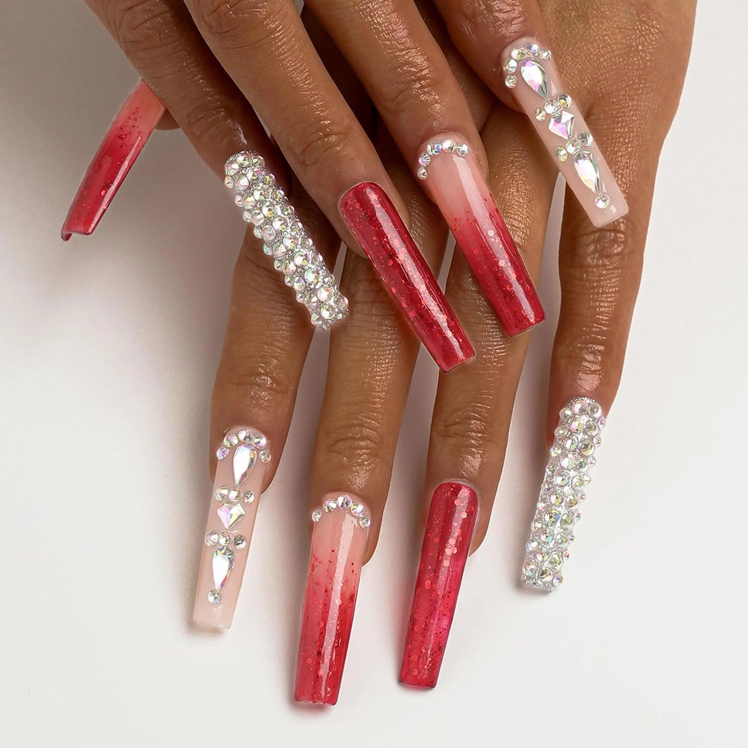 FORBELOVED NAILS,Luxury Ombre Red Glitter Gems Handmade Press On Nails,Long Square Glue On Nails,Glitter Full Covered Gems Charming False Nails For Women And Girls,10Pcs/Set With Glue,(Red-L),FOB