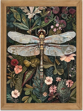 Framed Vintage 3D Textured Wall Art - Dark Green Dragonfly Flowers Wall Decor - Hand Drawn Sandstone Nature Botanical Pictures for Living Room Bedroom Home Decor 12x16in