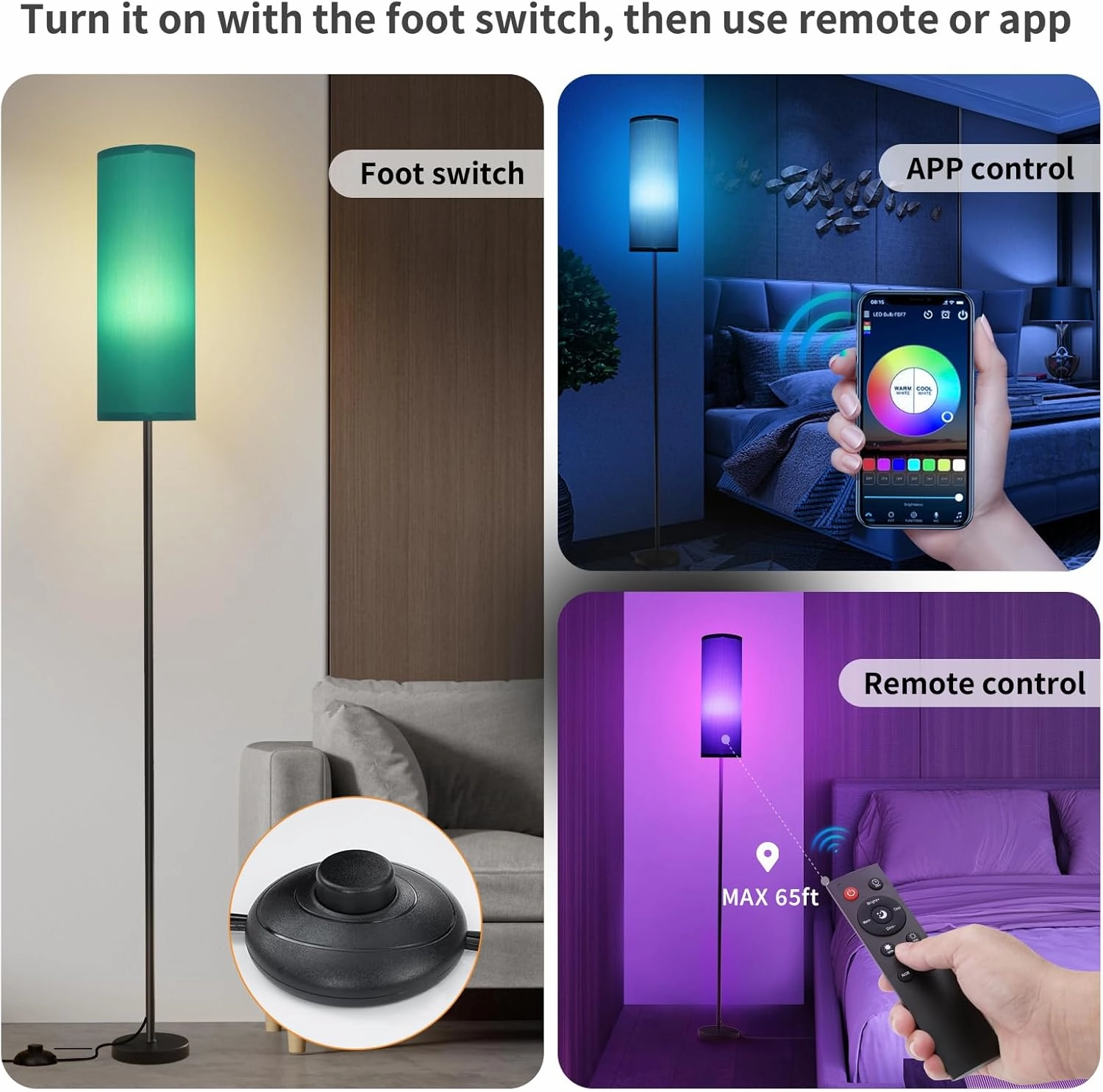 Frideko Floor Lamp for Bedroom, Tall Standing Lamps for Living Room, Modern Corner Floor Lamps for Living Room, 3CCT&Brightness Dimmable, 800 LM, RGB Smart Bulb, Foot Switch, Turquoise Lampshade
