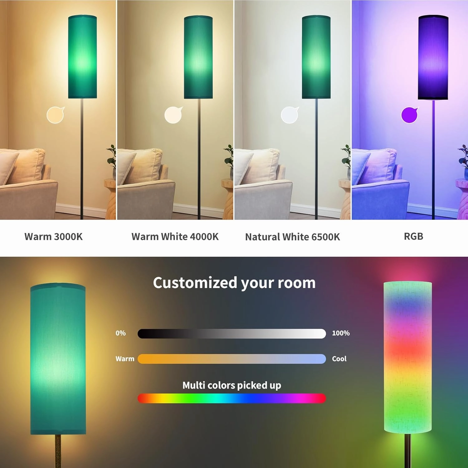 Frideko Floor Lamp for Bedroom, Tall Standing Lamps for Living Room, Modern Corner Floor Lamps for Living Room, 3CCT&Brightness Dimmable, 800 LM, RGB Smart Bulb, Foot Switch, Turquoise Lampshade