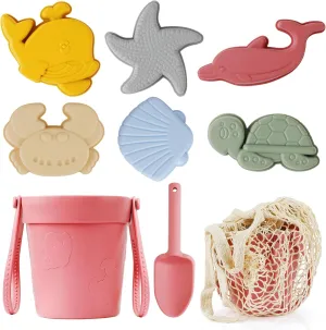 Friendly Silicone Beach Toys,Portable Travel Sand Toys, Durable Sand Bucket, Shovels, 6 Sand Molds, Lightweight, Easy-to-Clean, Beach Set for Family Trip
