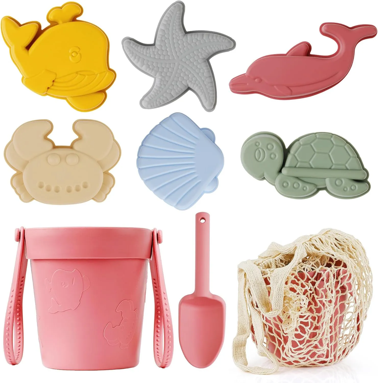 Friendly Silicone Beach Toys,Portable Travel Sand Toys, Durable Sand Bucket, Shovels, 6 Sand Molds, Lightweight, Easy-to-Clean, Beach Set for Family Trip