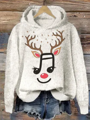 Funny Reindeer Musical Note Casual Cozy Knit Hoodie