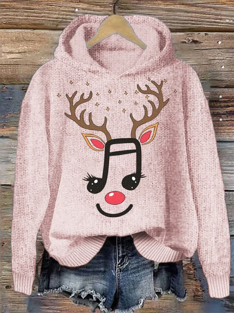 Funny Reindeer Musical Note Casual Cozy Knit Hoodie