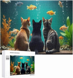 Funny Cat and Fish Jigsaw Puzzles Gifts Brain Challenging Puzzle for Game Night Family Friends 500 Piece Puzzle for Adults and Kids Party Gift Toy