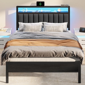 Furnulem Queen Size Bed Frame with Charging Station and LED Lights, Platform Bed with Metal Slats, Grey Upholstered Headboard with 2-Tier Storage Shelves, No Box Spring Needed