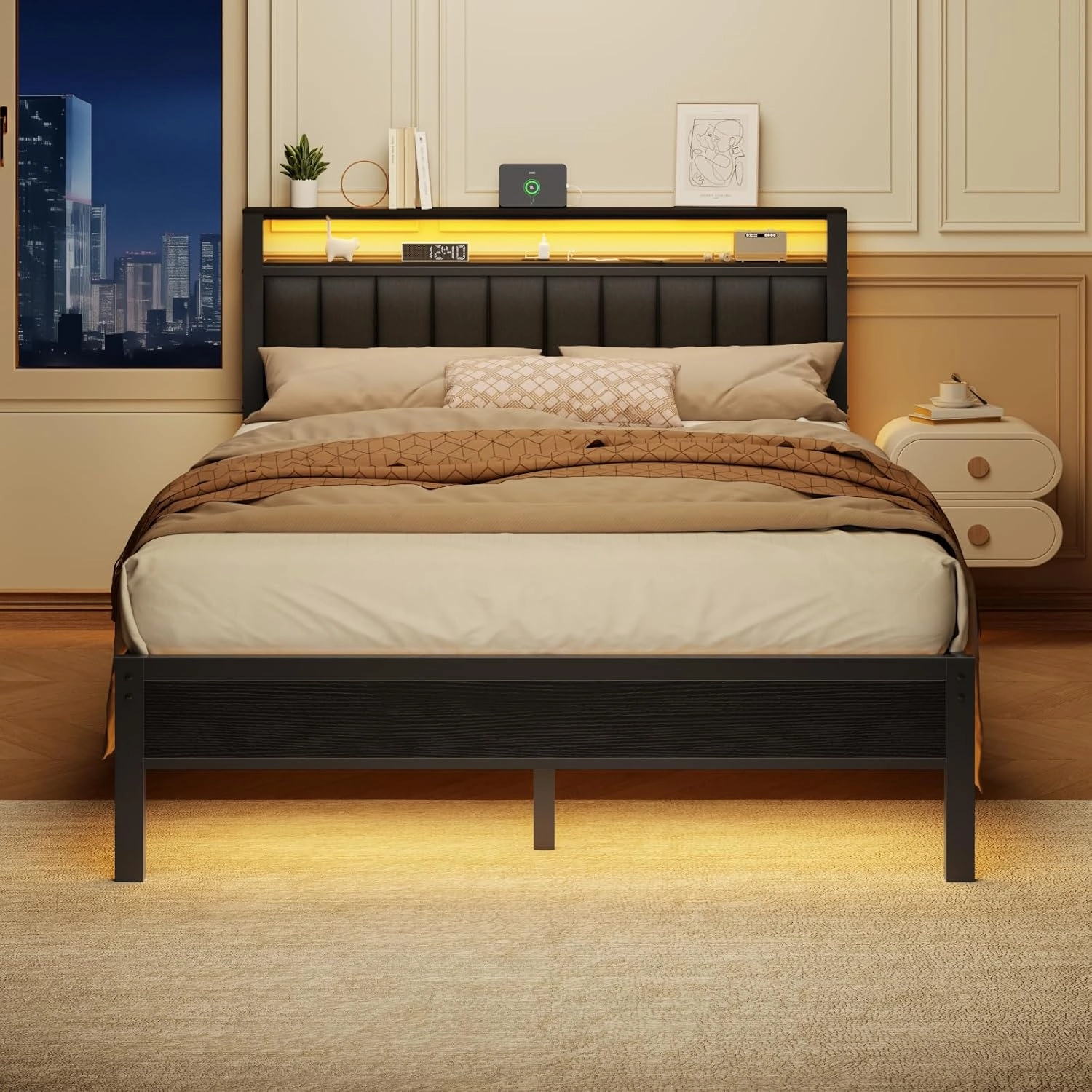 Furnulem Queen Size Bed Frame with Charging Station and LED Lights, Platform Bed with Metal Slats, Grey Upholstered Headboard with 2-Tier Storage Shelves, No Box Spring Needed
