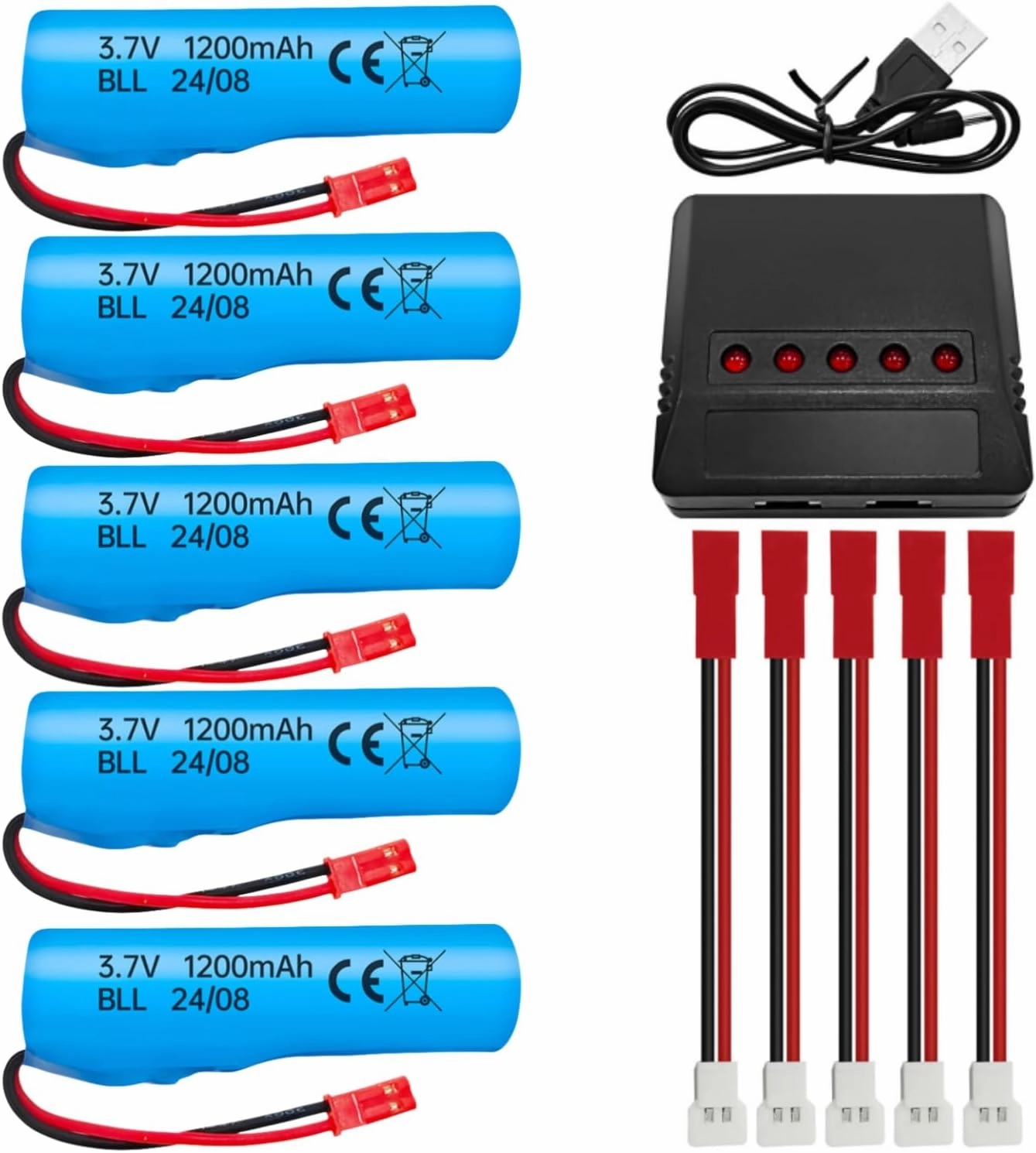 Fytoo 5PCS 3.7V 1200mAh Li-ion Battery with 5-in-1 Charger for HJ819 DE819 RC Boat Huina 1337 1338 1516 1517 RC Engineering Vehicle RC Toy Car Battery