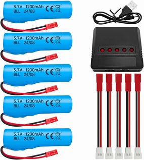 Fytoo 5PCS 3.7V 1200mAh Li-ion Battery with 5-in-1 Charger for HJ819 DE819 RC Boat Huina 1337 1338 1516 1517 RC Engineering Vehicle RC Toy Car Battery