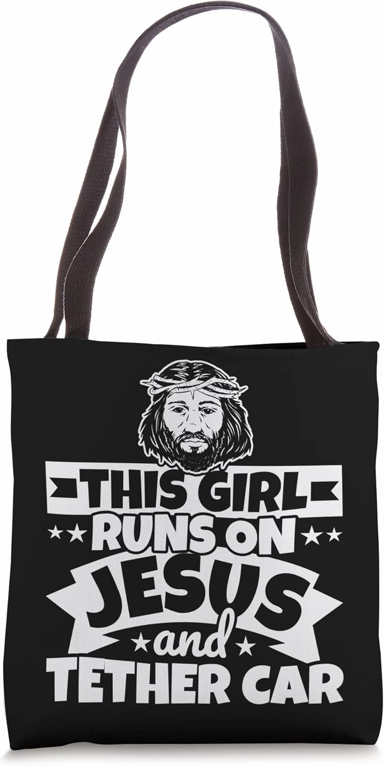 Girl runs on Jesus and Tether car Tote Bag