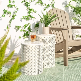 Glitzhome Outdoor Side Table Set of 2, Decorative Garden Stool for Indoor Outdoor Heavy Duty Metal Frame Accent Table Modern End Table, Cream White