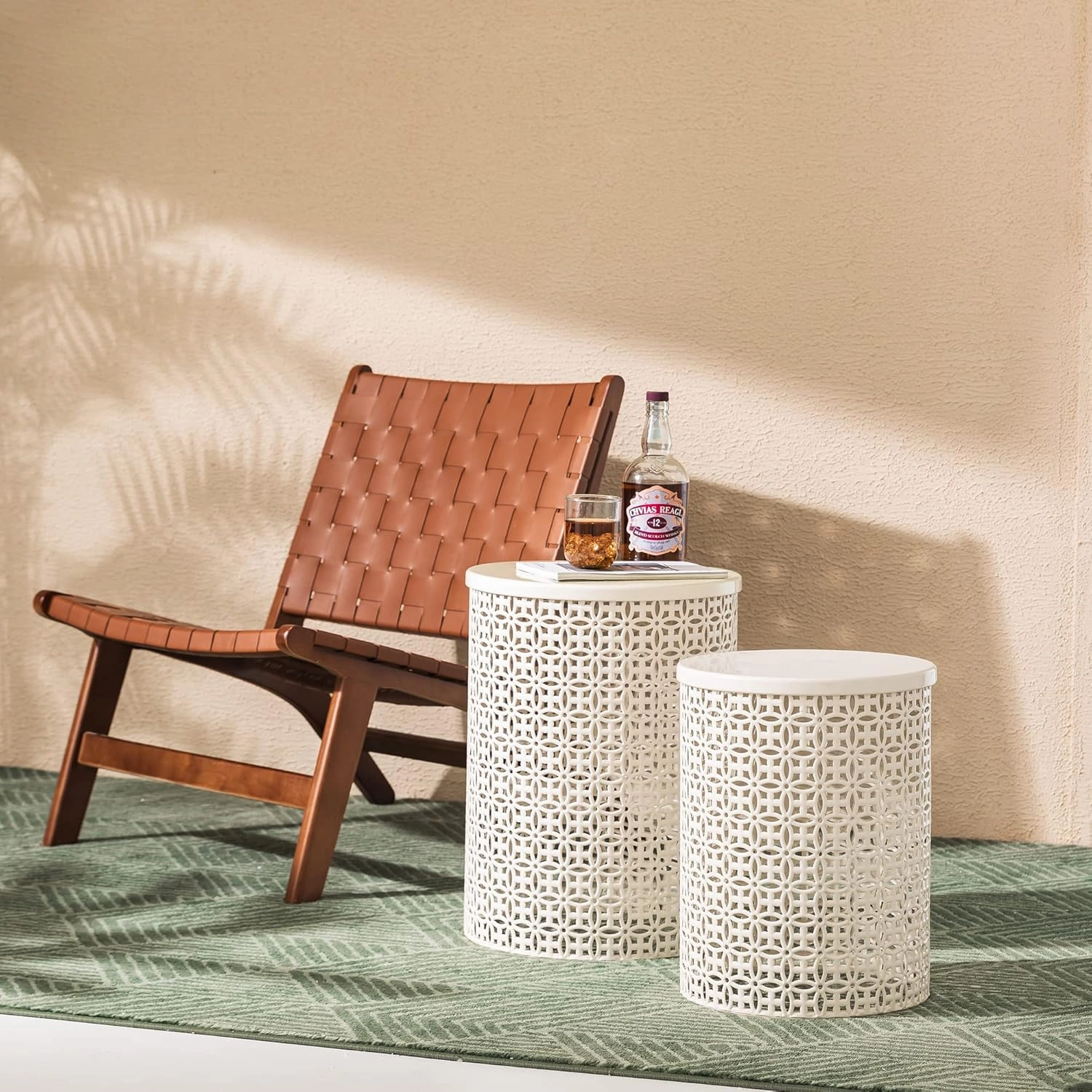 Glitzhome Outdoor Side Table Set of 2, Decorative Garden Stool for Indoor Outdoor Heavy Duty Metal Frame Accent Table Modern End Table, Cream White