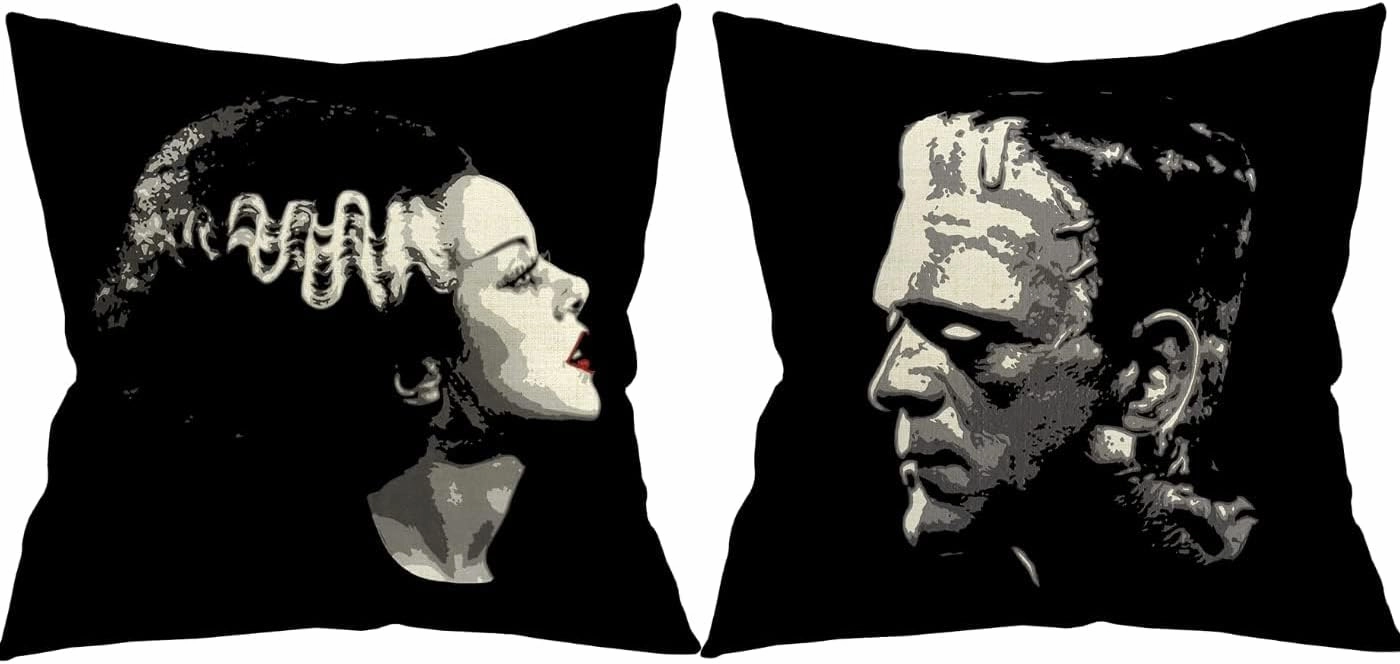 Gothic Decor Decorative Throw Pillow Covers 18x18in Set of 2, Double-Sided Bride of Frankenstein Halloween Horror Decor for Goth Home Bedding Couch Room, Cool Pillows Spooky Gifts - Line