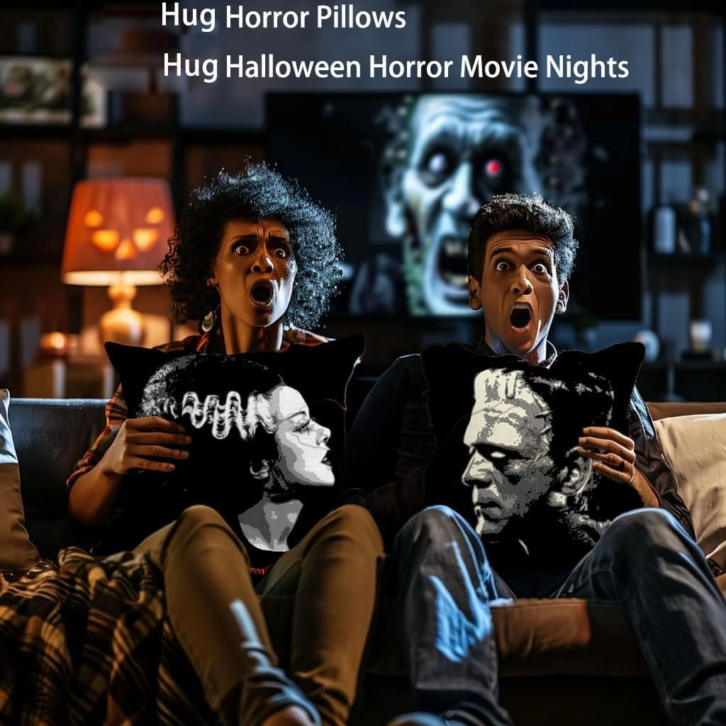 Gothic Decor Decorative Throw Pillow Covers 18x18in Set of 2, Double-Sided Bride of Frankenstein Halloween Horror Decor for Goth Home Bedding Couch Room, Cool Pillows Spooky Gifts - Line