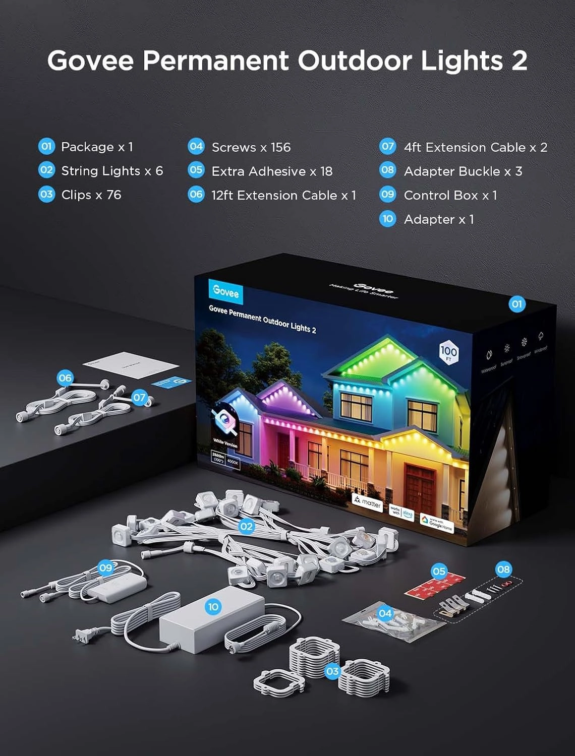 Govee Permanent Outdoor Lights 2, 100ft RGBIC Outdoor Lights with 72 LED Lights, IP67 Waterproof, 100 Scene Modes with 40lm White for Outdoor Decorations, Works with Alexa, Google Assistant, White