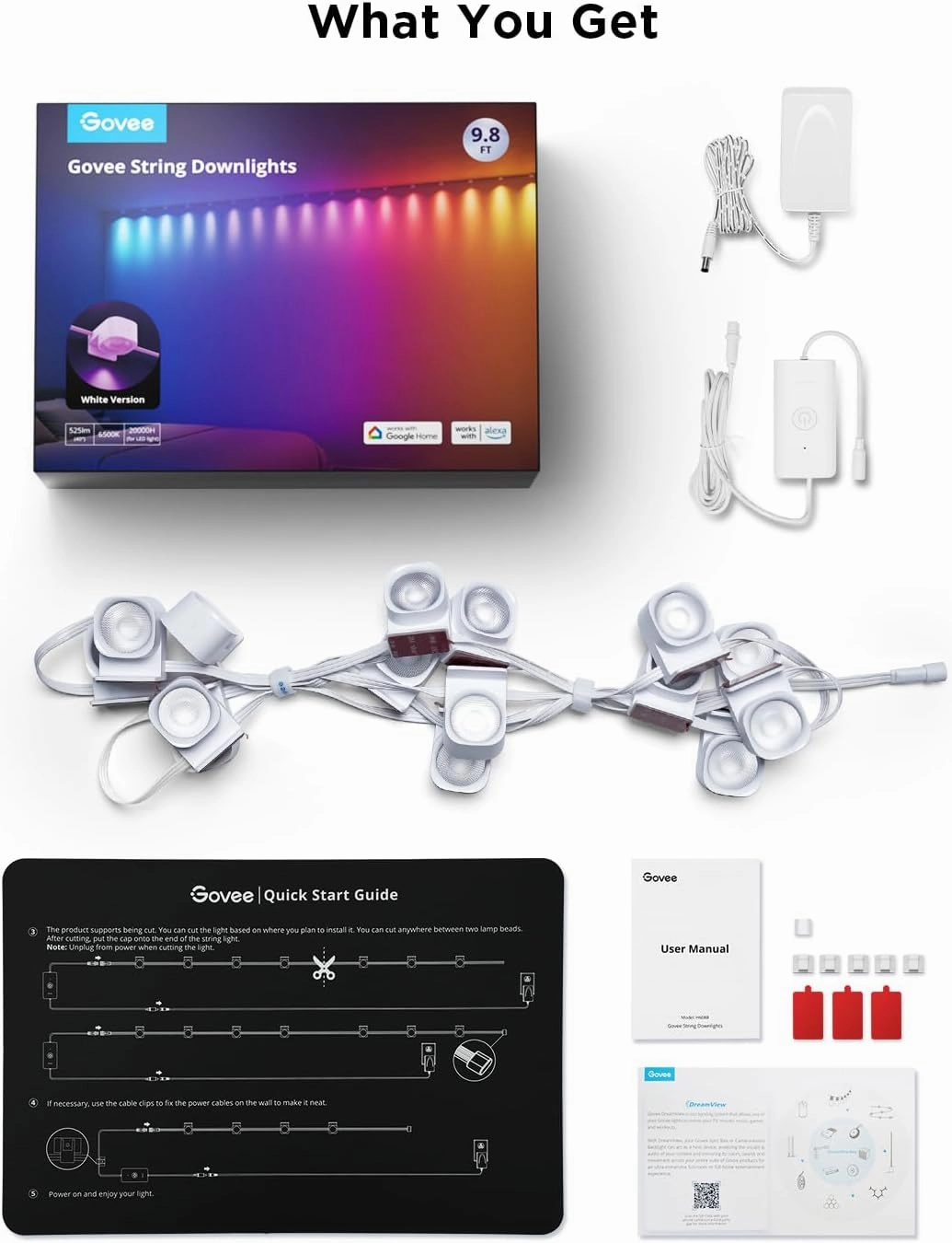 Govee RGBIC String Downlights, Smart LED String Lights Works with Alexa, Color Changing Indoor Wall Light Fixture for Party, Music Sync, 9.8ft with 15 LEDs, White