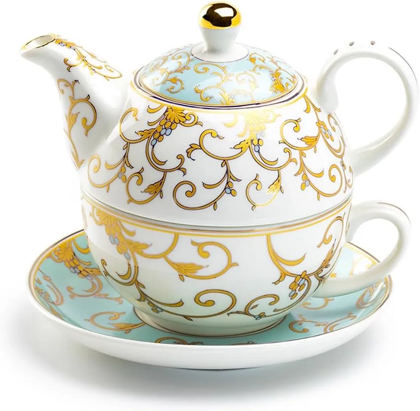 Grace Teaware Gold Scroll Fine Porcelain Tea For One Set (Mint)