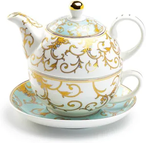Grace Teaware Gold Scroll Fine Porcelain Tea For One Set (Mint)