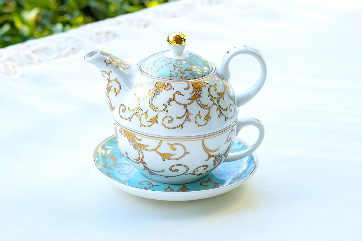 Grace Teaware Gold Scroll Fine Porcelain Tea For One Set (Mint)