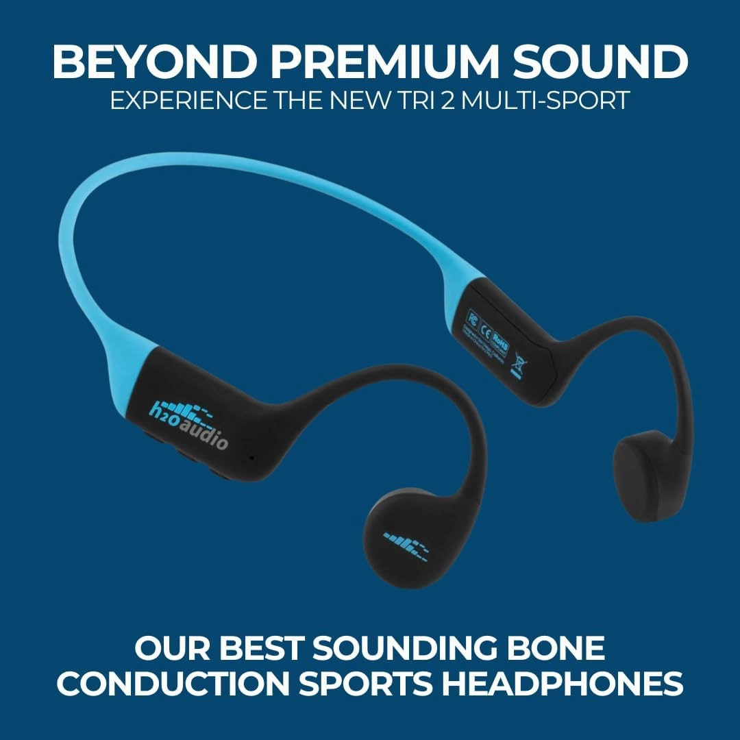 H2O Audio TRI 2 Multisport Waterproof Bone Conduction Open Ear Headphones, Bluetooth 5.3 for Running and Cycling, MP3 Mode for Swimming, 8GB Memory, 8.5-Hour Battery, Black/Blue